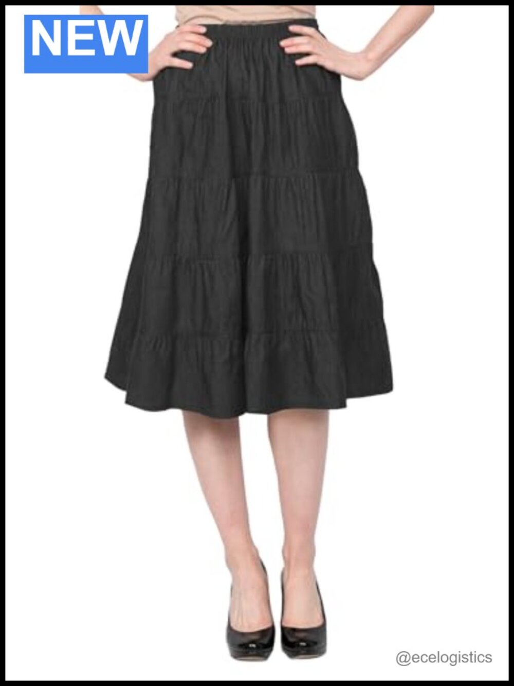100% Cotton Tiered Prairie Skirt Below Knee Pull On Modest